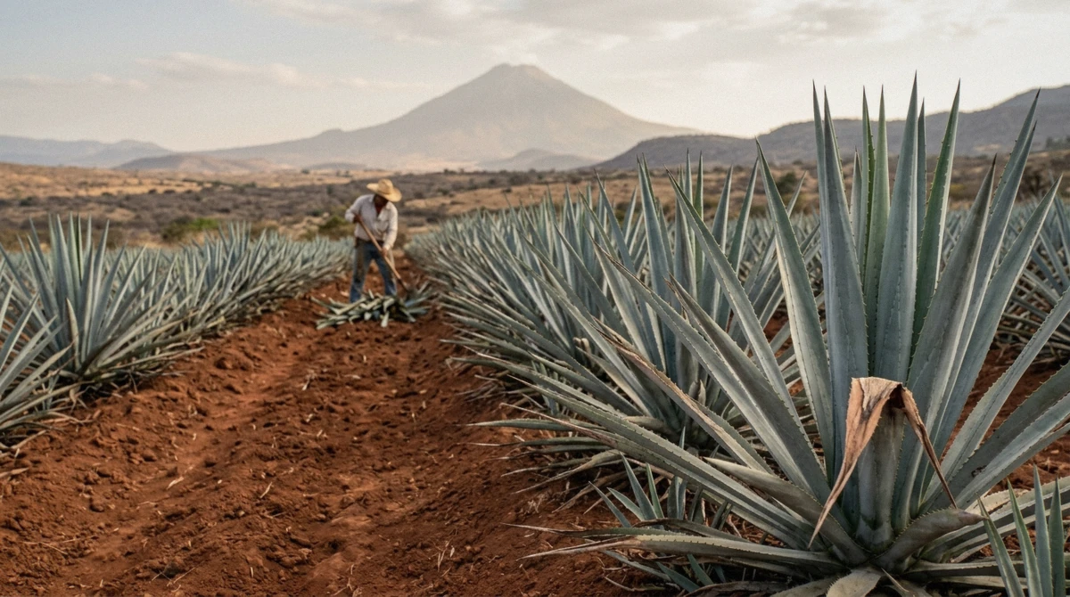 Blue agave rows on the drive from Guadalajara to Tequila with the volcano behind