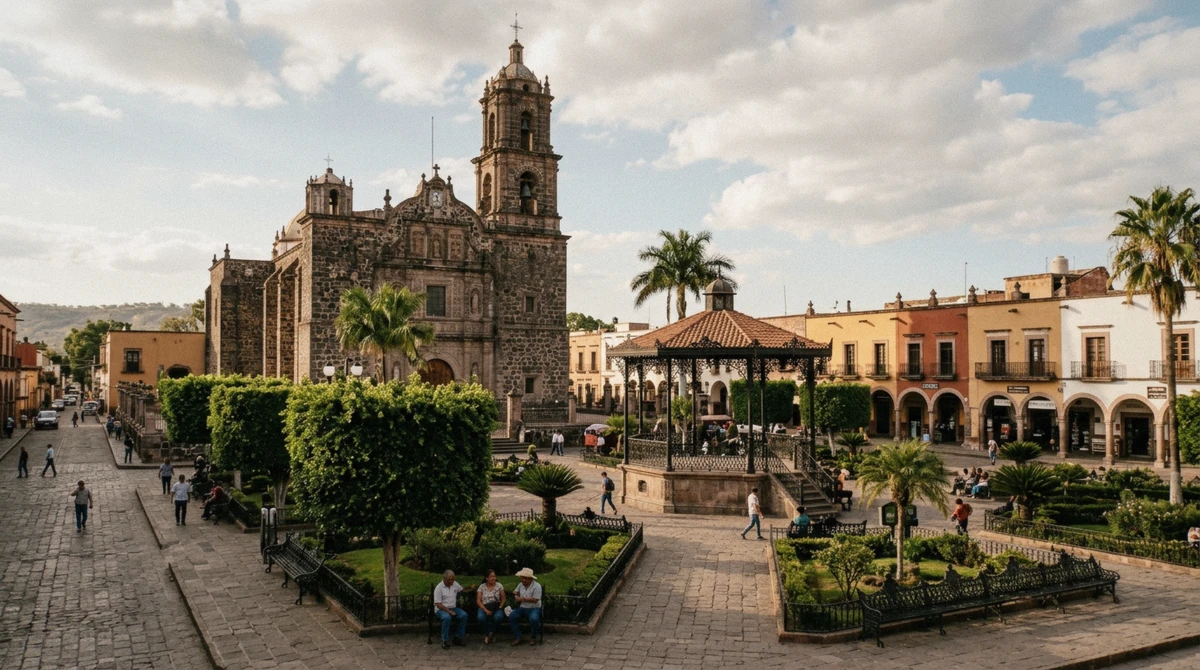 The main square and parish church of Tequila, Jalisco, on a bright afternoon